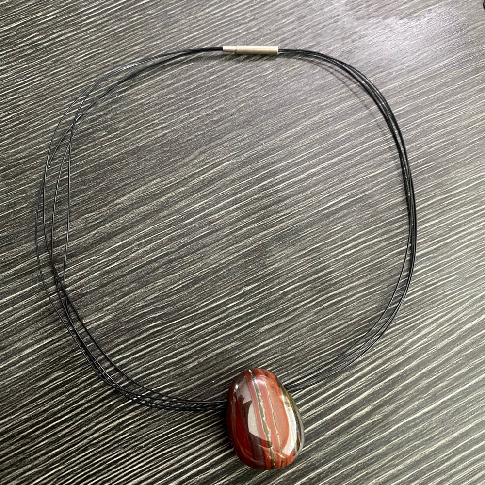 Multi-Strand Black Cord Necklace with Red and Brown Striped Stone Pendant